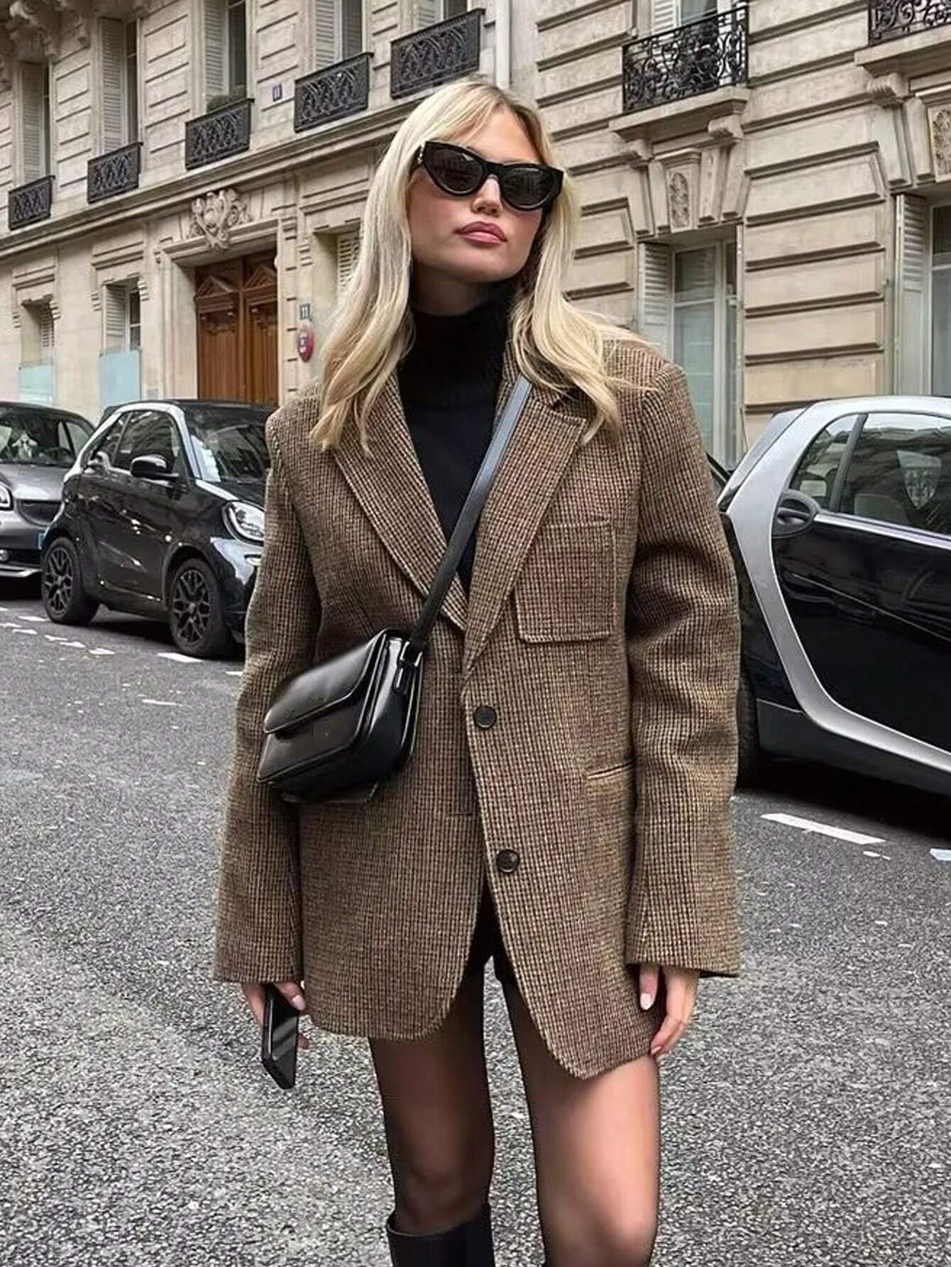 Mathilde | Blazer à Carreaux Marron à Simple Boutonnage