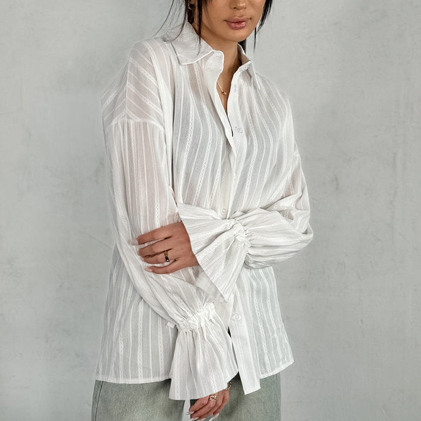Ambre | Blouse Boutonnée à Manches à Nouer Rayée