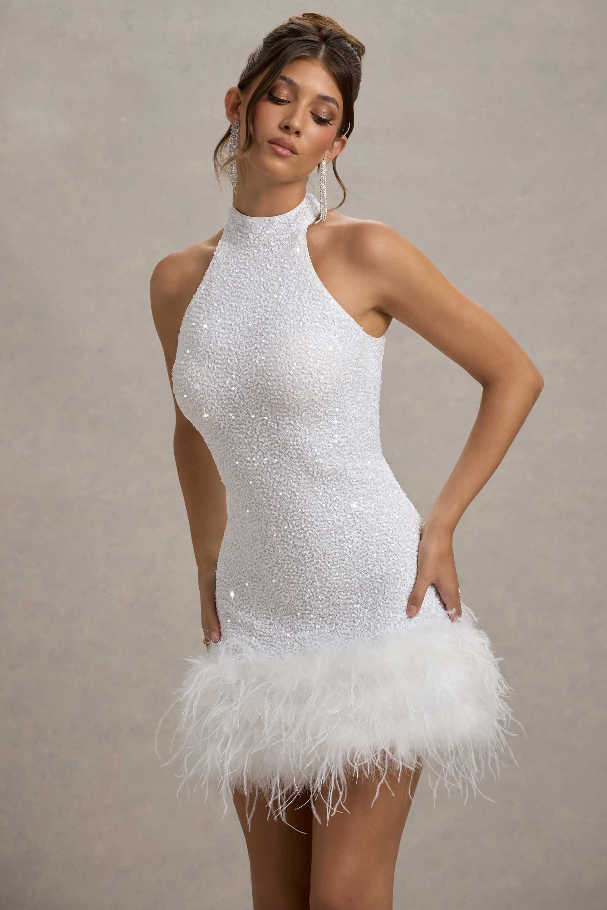 Hélène | Robe Mini à Paillettes Lumi avec Finition en Plumes