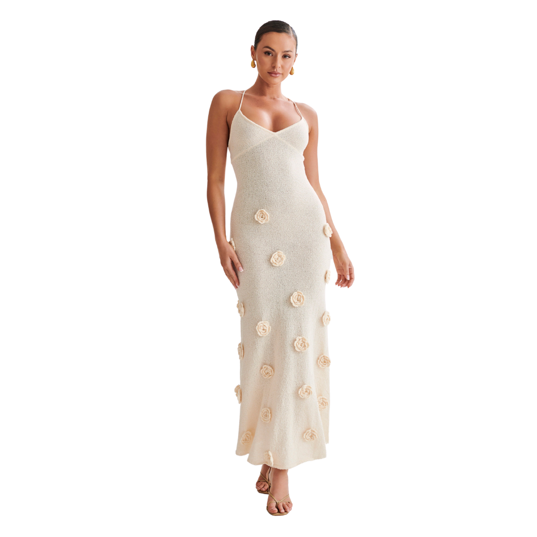 Charlotte | Robe Maxi Tricot Suki Avec Fleurs Nude