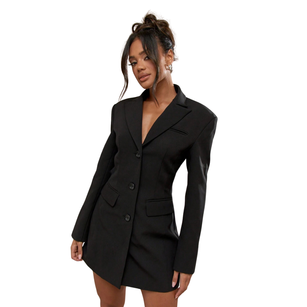 Marie-Louise | Robe Blazer Noire à Boutonnage Unique
