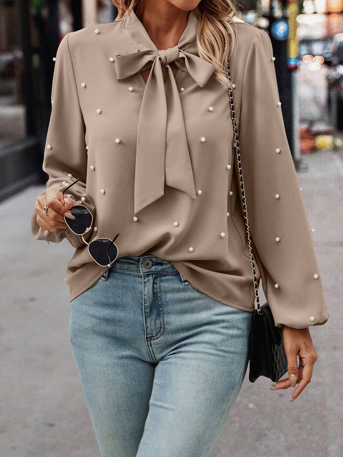 Chloé | Blouse Élégante à Col Noué avec Perles