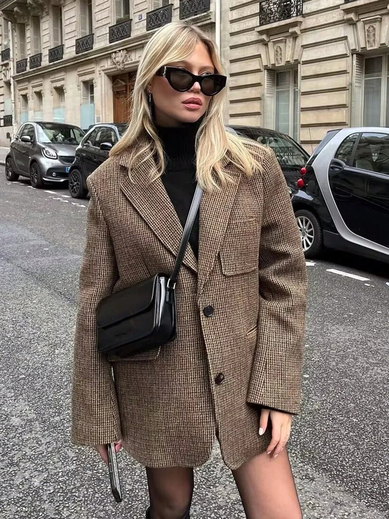 Mathilde | Blazer à Carreaux Marron à Simple Boutonnage