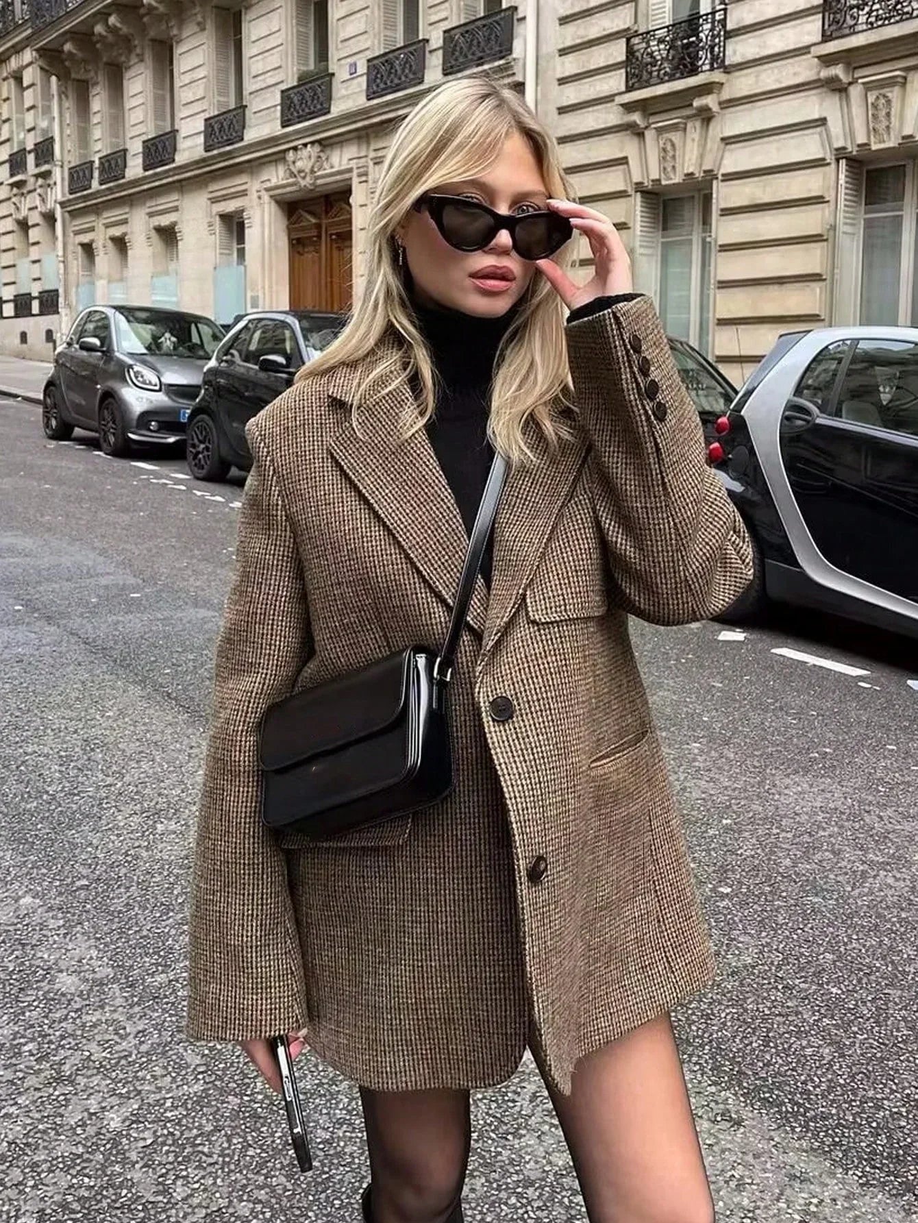 Mathilde | Blazer à Carreaux Marron à Simple Boutonnage