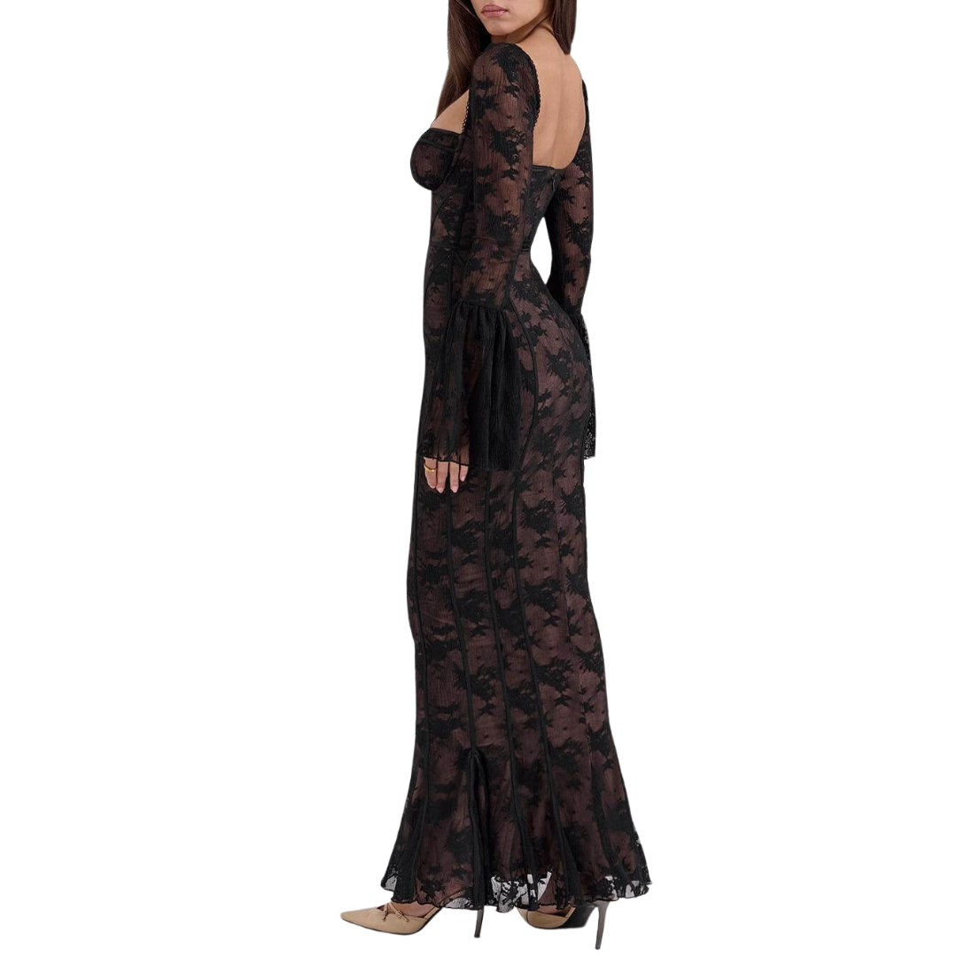 Gilberte | Robe Maxi en Dentelle Noire à Manches Longues
