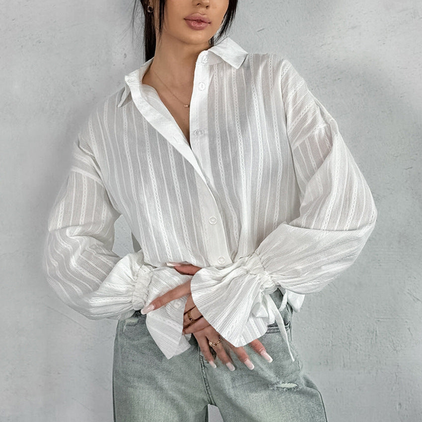 Ambre | Blouse Boutonnée à Manches à Nouer Rayée