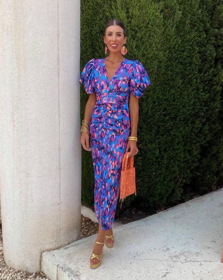 Loren - Robe Midi à Manches Bouffantes Vibrantes